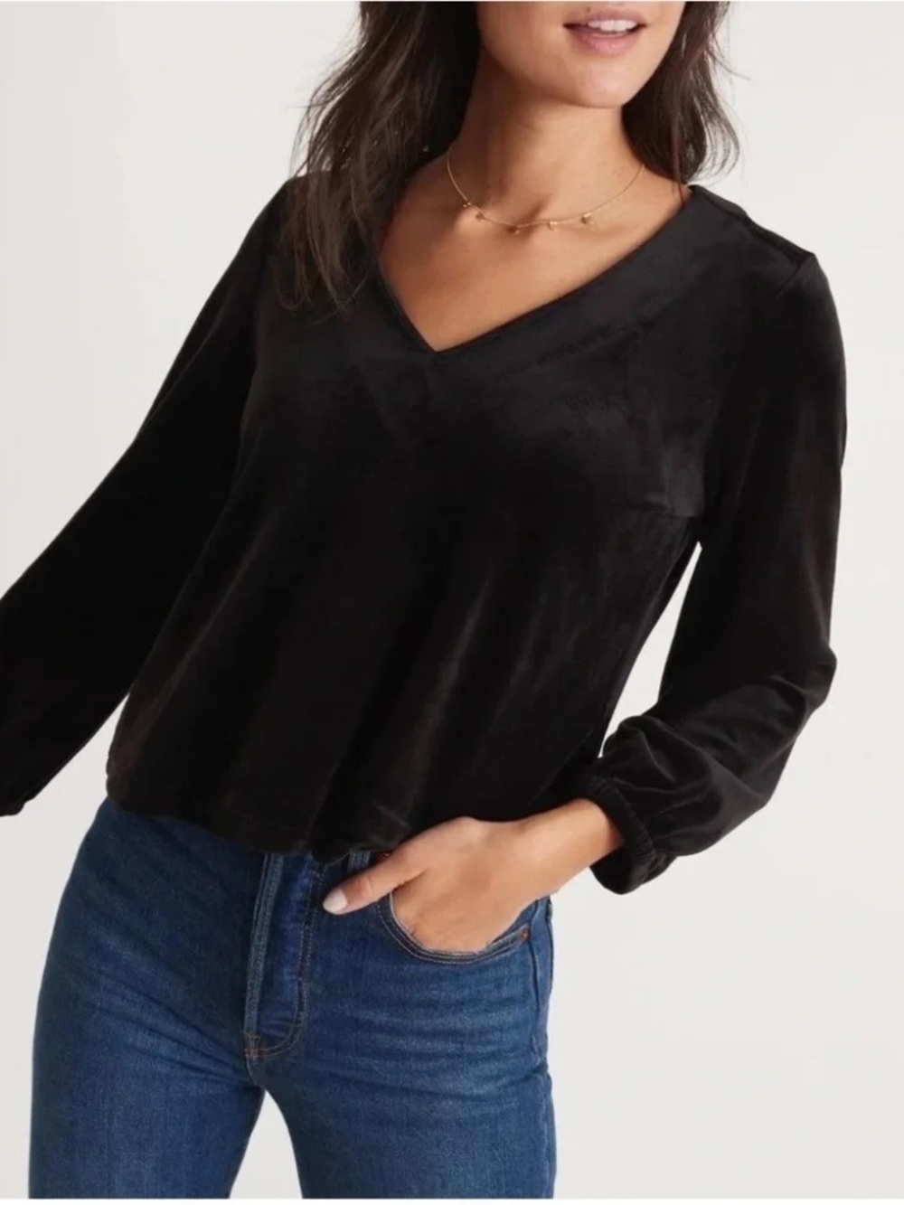 Marine Layer Jasmine Velour V-Neck Top Black Velvet Size Small - Picture 4 of 10
